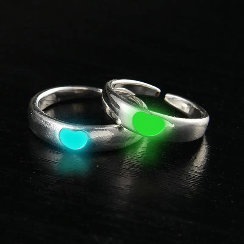 

2PCS Blue Green Love Heart Luminous Ring for Women Men Fluorescent Ring Glow In Dark Adjustable Couple Finger Rings Jewelry Gift