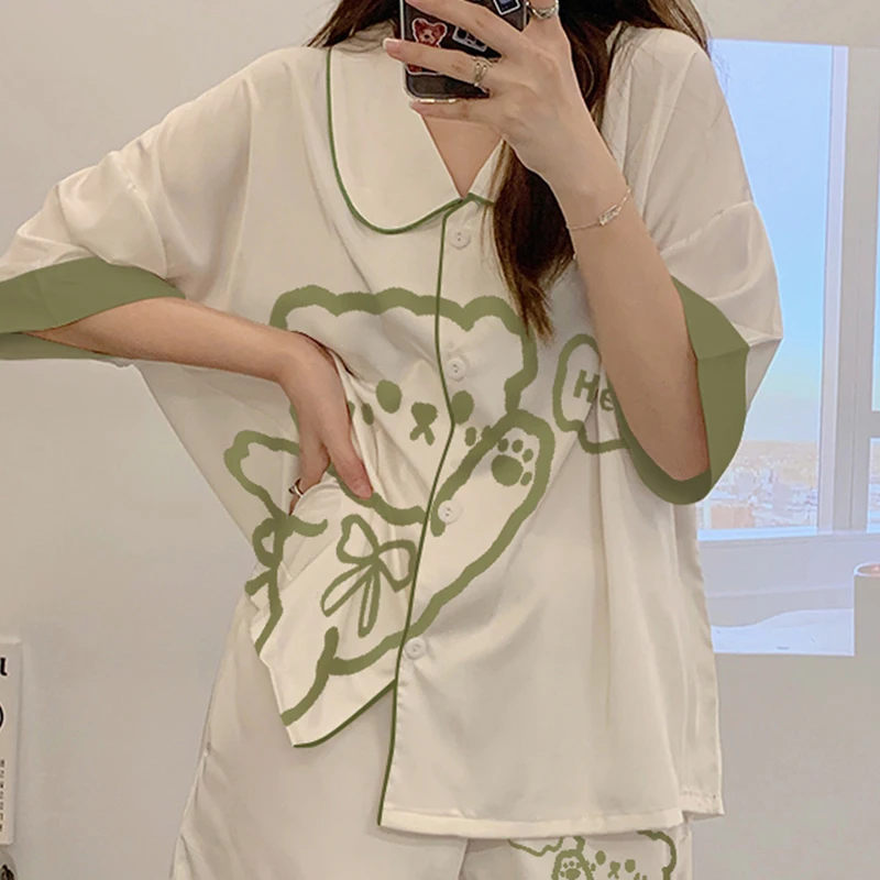 New Women's Pajamas Three-piece Set Spring and Summer Style Ice Silk Thin Style Short Sleeve Cute Home Clothes Free Shipping