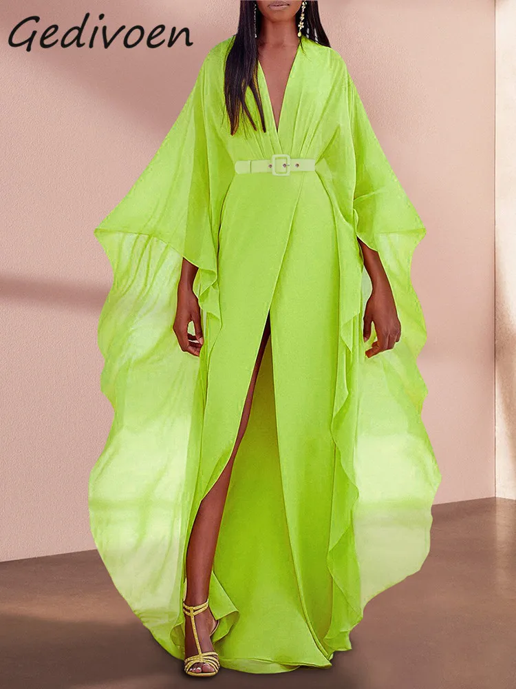 

Женское винтажное шифоновое платье Gedivoen, дизайнерское длинное однотонное платье с V-образным вырезом, поясом, оборками и высоким разрезом, лето