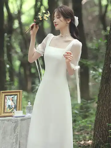 New ivory simple midcalf short sleeve lady girl fairy wedding bridal dress gown daily wear dress free shipping