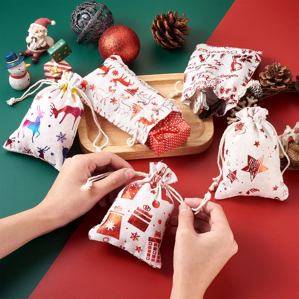 24Pcs/set Christmas Theme Cotton Fabric Cloth Bag Drawstring Bags For Party Snack Gift Ornaments Diy Jewelry Storage 14x10cm
