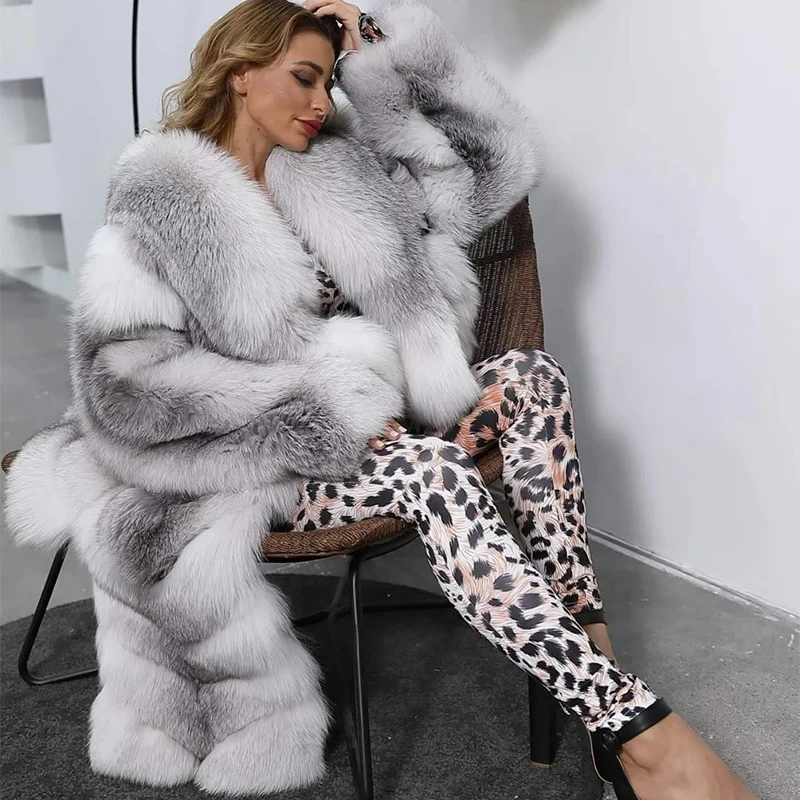 Natural Cross Fox Fur Coat Women Tide High Quality Genuine Fur Outertwear Lady Winter New Luxury Real Fox Overcoat Female