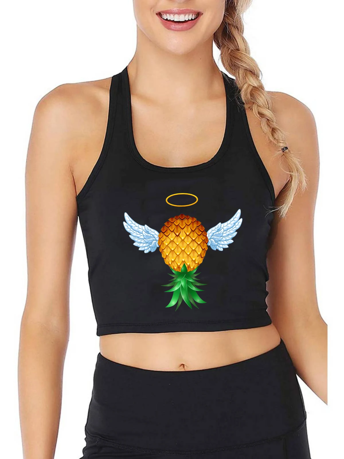 

Cute Swinger Upside Down Design Sexy Slim Crop Top Pineapple Angel Wings Tank Tops Hotwife Naughty Flirting Style Camisole