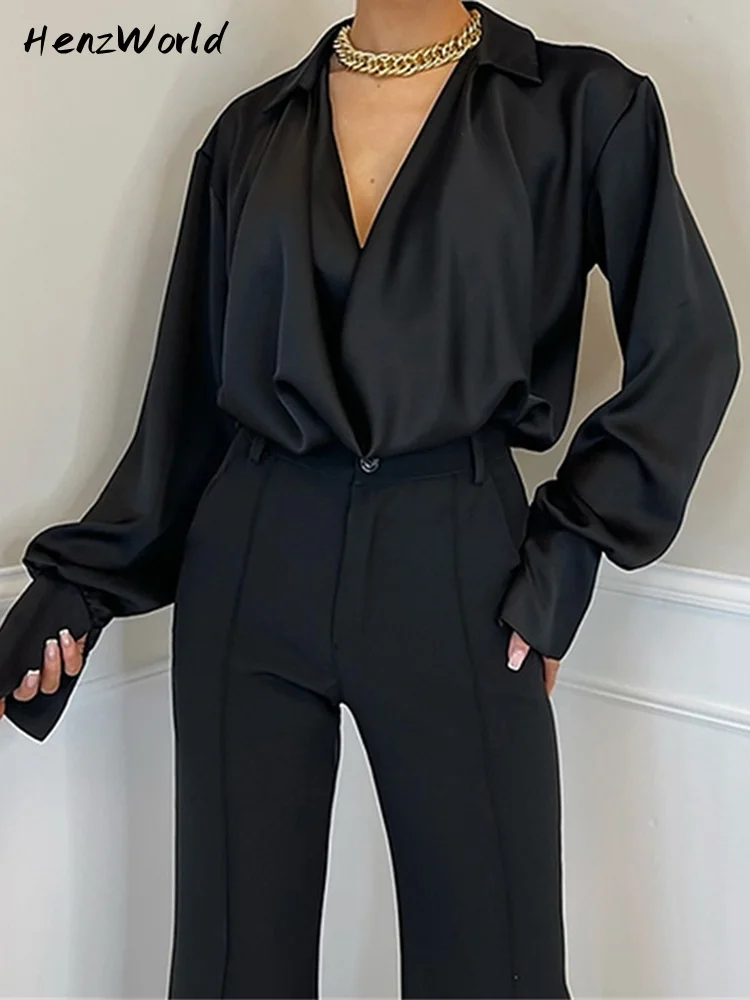 

HenzWorld Elegant Loose Draped Womens Tops Blouses Fashion Shirts and Blouse Long Sleeve Top Office Lady Club Party Clothes