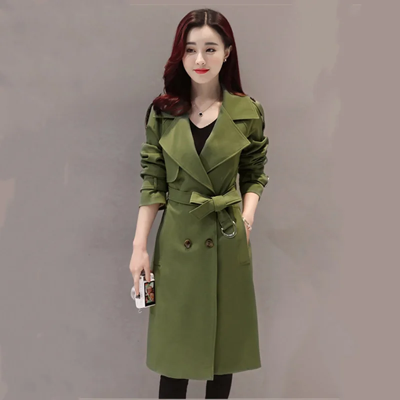 Women Autumn Long Trench Coat Turn Down Collar Double Breasted Slim Casual Windbreaker Outerwear Coats