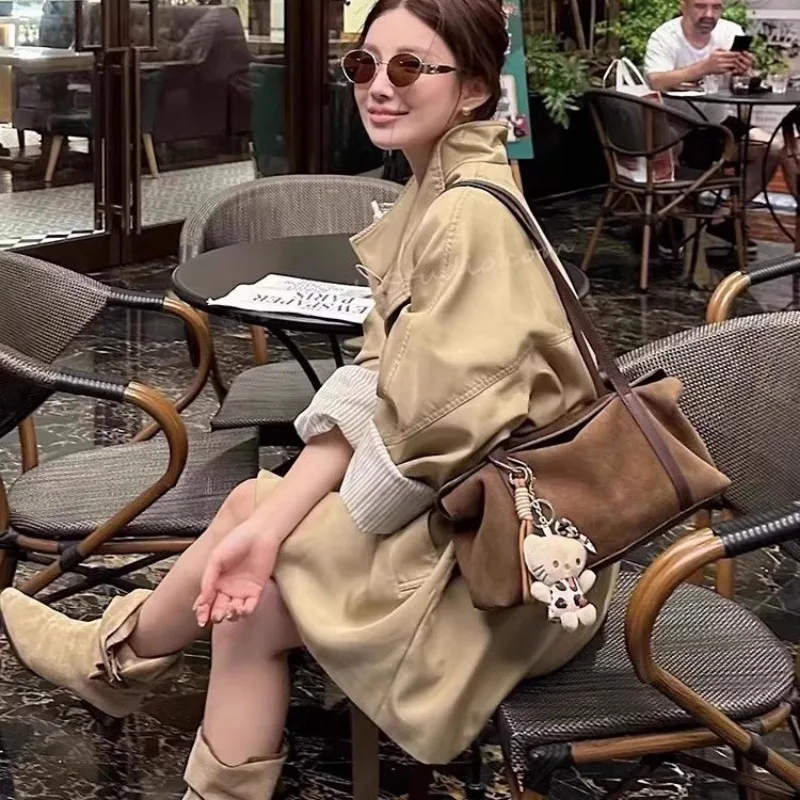 2024Замшевые сумки-хобо для женщин сумка с напуском большая коричневая сумка-тоут