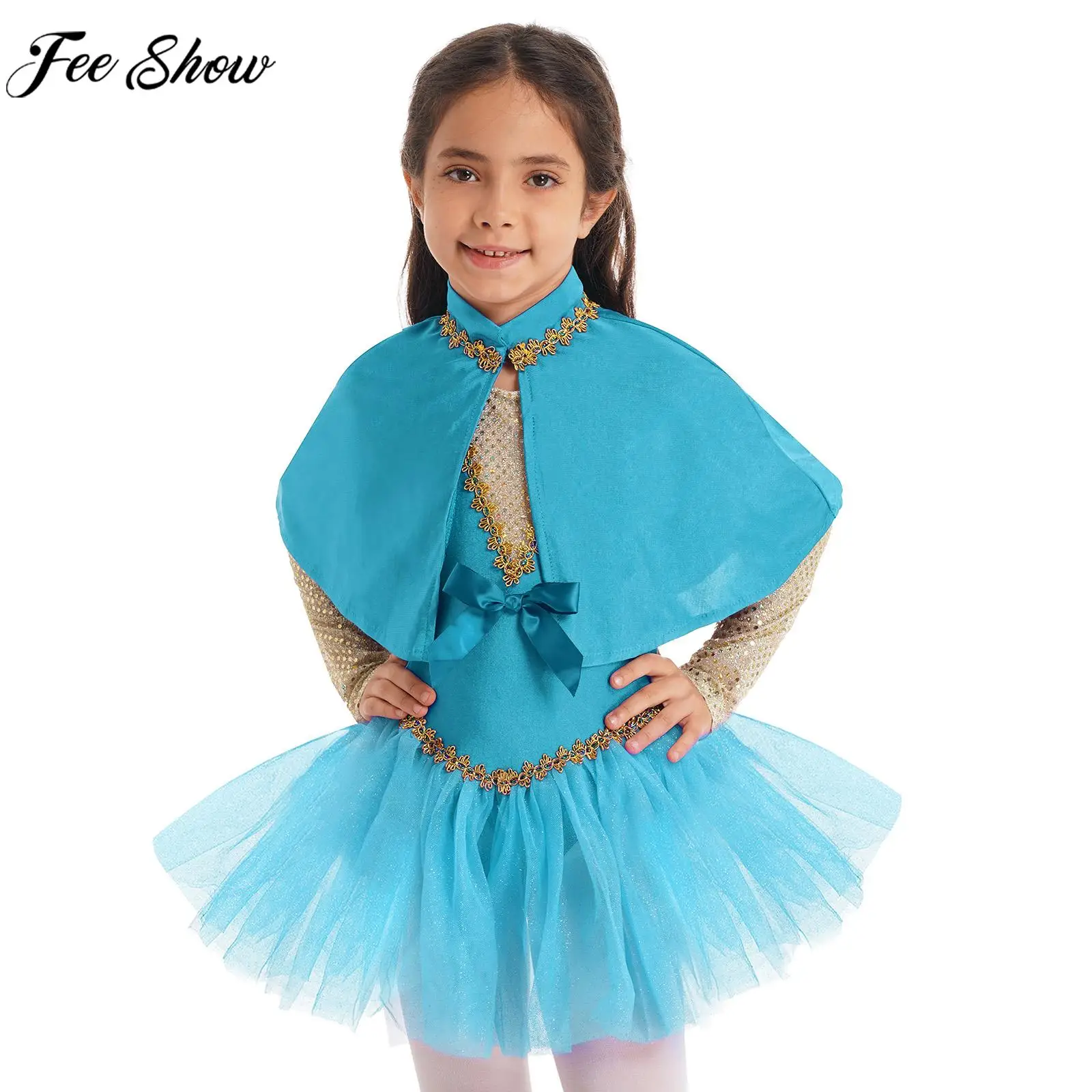 

Kid Girls Halloween Cosplay Costume Sequin Mesh Leotard Tutu Dress with Cape Arm Sleeves Theme Party Carnival Performance Outfit