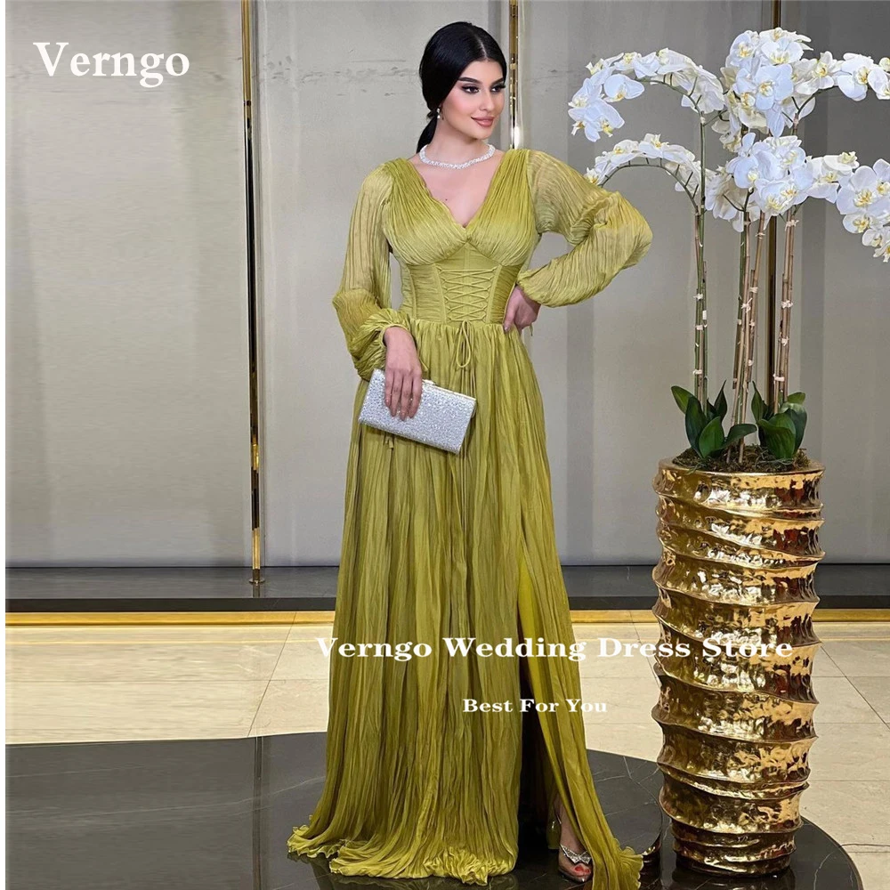 

Verngo Dubai Arabic Women Gold/Green Formal Evening Dresses Long Sleeves V Neck Peats Corset Prom Gowns Formal Party Dress