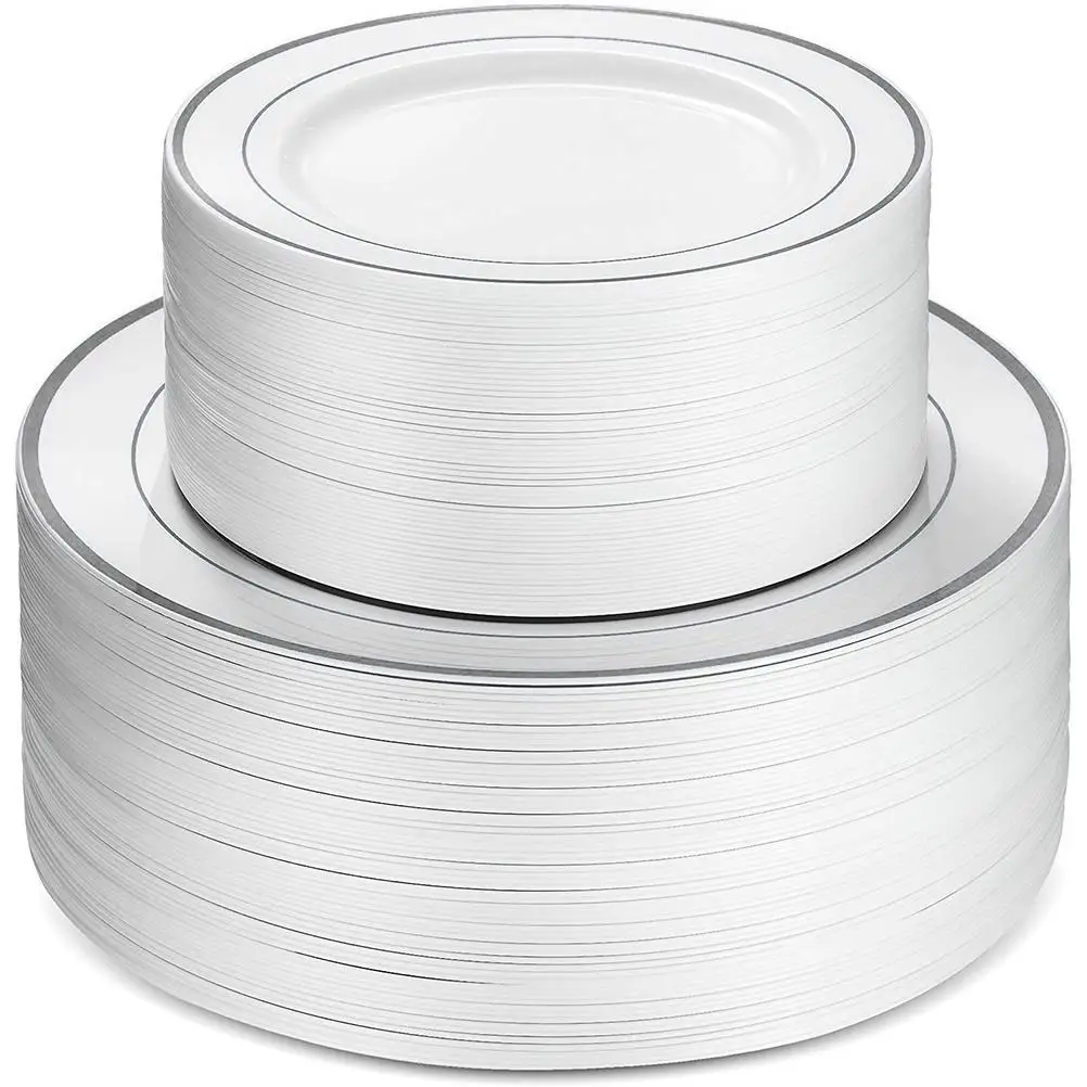 50 шт. пищевых пластиковых обеденных тарелок серебристые и золотистые ободки 25