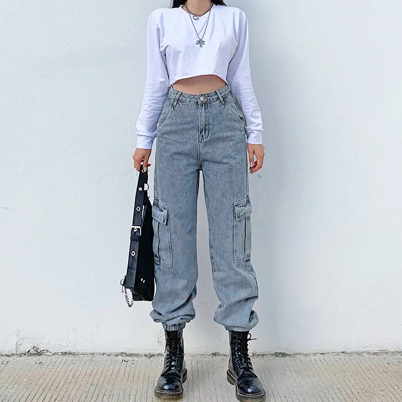 Streetwear Women Loosed Fashion High Waist Zipper with Big Pockets for Hip Hop Vintage Demin All-match Long Jeans Cargo Pants