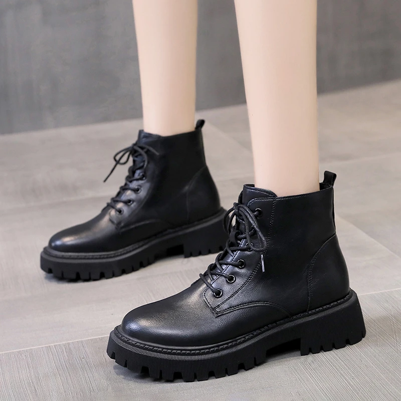 

Rimocy Balck Platform Ankle Boots 2022 Autumn Winter Thick Sole Lace Up Motorcycle Boots Woman British Style PU Leather Booties