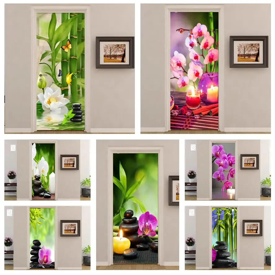 

3D Door Sticker Green Bamboo Phalaenopsis Wallpaper For Bathroom Washroom Decoration Decal Peel & Stick Vinyl Mural Wall Pos