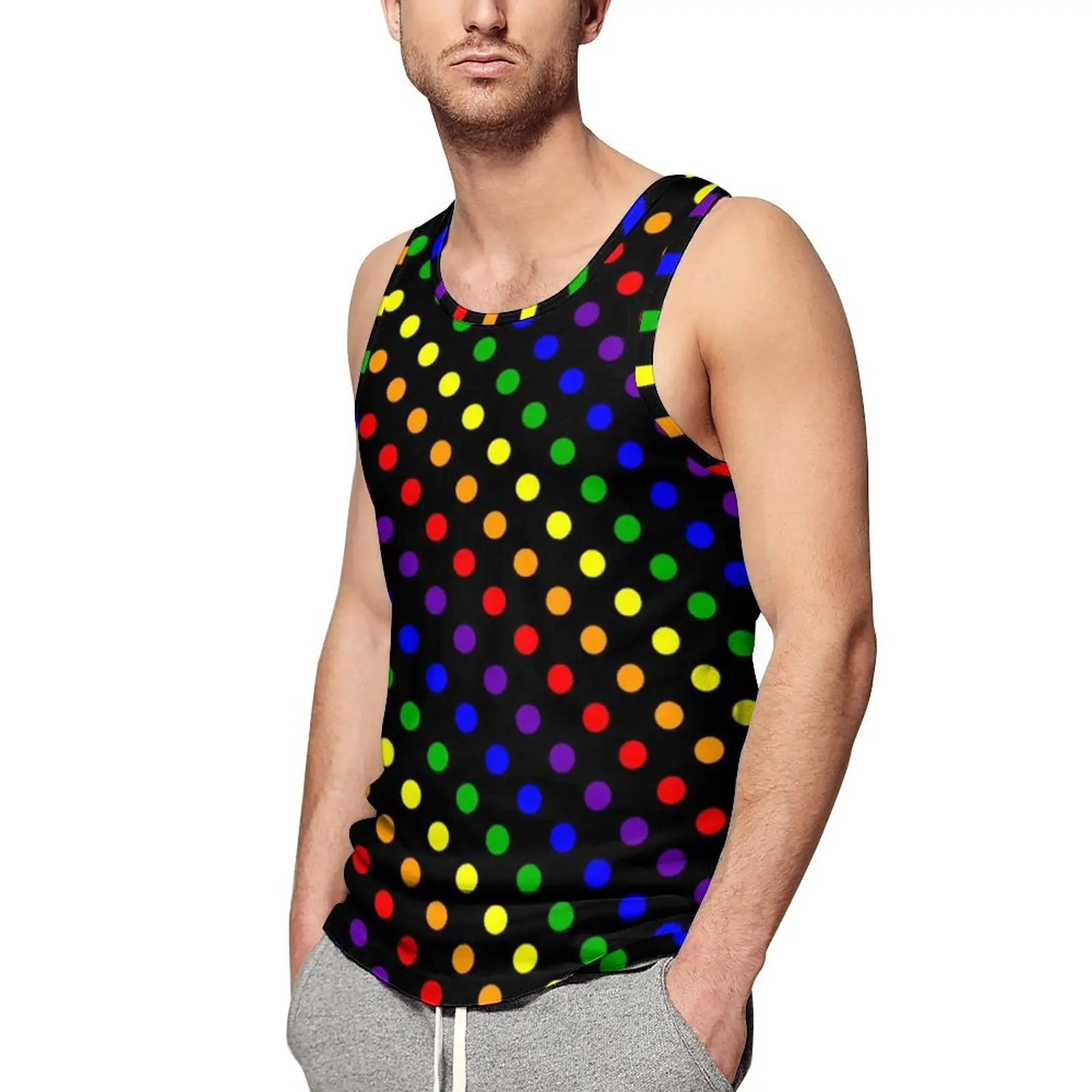 

Colorful Polka Dot Print Tank Top Man Rainbow Dots Bright Tops Summer Graphic Training Streetwear Oversized Sleeveless Shirts