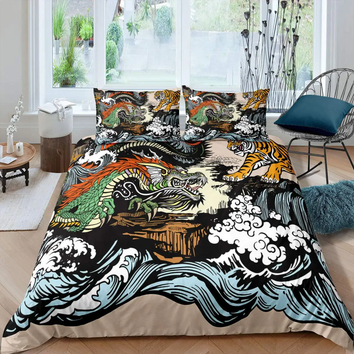 

Cover King Queen Japanese Exotic Bedding Set Ancient Mythical Animal Comforter Cover 2/3pcs Polyester Quilt Cover