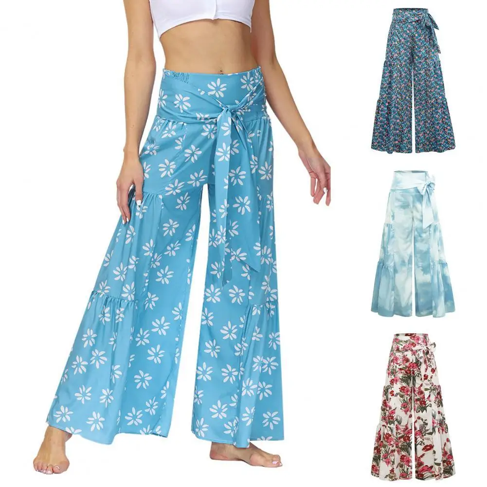 

Women Beach Pants Floral Printed Flare Leg Lady Stretchy High Waist Trousers Cover Up Sun Protection Beachwear Women's Clothing