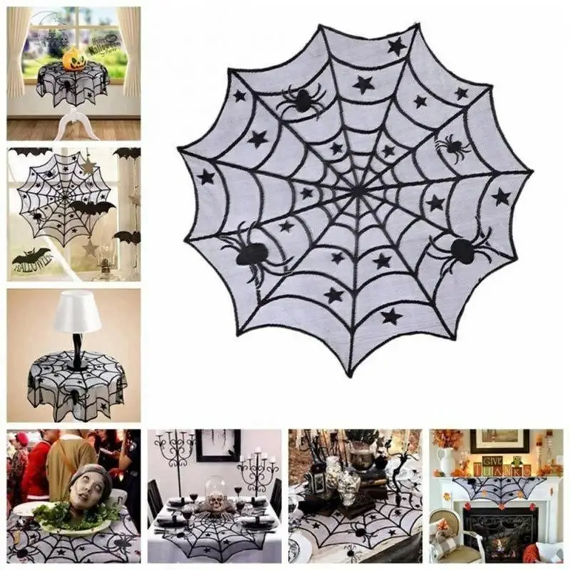 

Halloween Decoration Round Table Cloth Lace Backdrop Spider Web Gauze Curtain Easter Fireplace Stove Cloth Decor Festival Supply