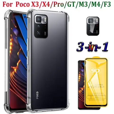Чехол для Xiaomi Poco X4/X3 Pro Чехлы Poco X3 GT силиконовый чехол + стекло, Poco M4 Pro Case Pocophone X4 F3 M3 прозрачная подушка безопасности, чехол Poco X4-Pro 5G чехол для т...