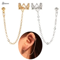 1 pair silver gold color crown tassel chain earrings for women clip on earrings fake piercing helix piercing ear cuff earrings