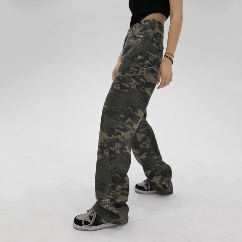Streetwear Camouflage Jeans Woman High Waist Cargo Pants Straight Jeans Fashion Straight Baggy Pants Y2k Casual Denim Trousers