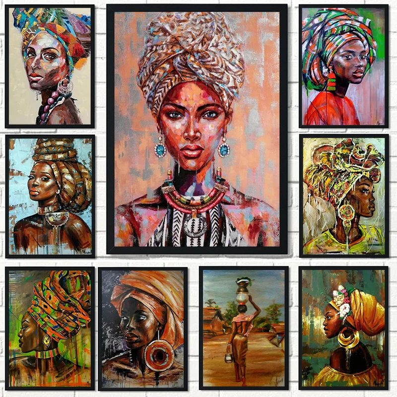 

African Tribe Woman Canvas Painting Print Watercolor Turban Girls Wall Art Poster Canvas Picture for Living Room Wall Decor