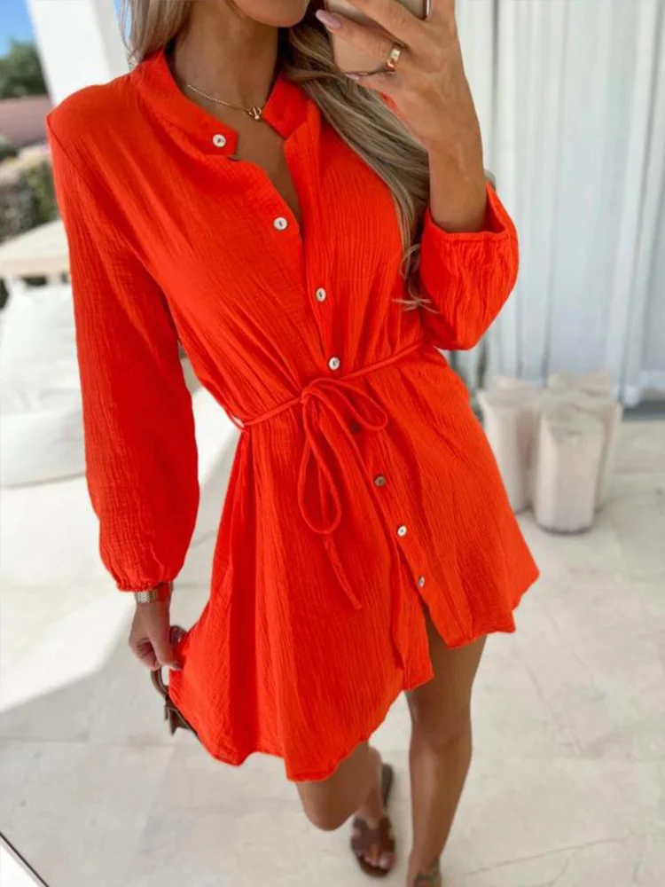 

2022 Spring Office Ladies Elegant Mini Dress New Casual Button-up V-Neck Solid Dress For Women Fashion Lace-up Long Sleeve Dress