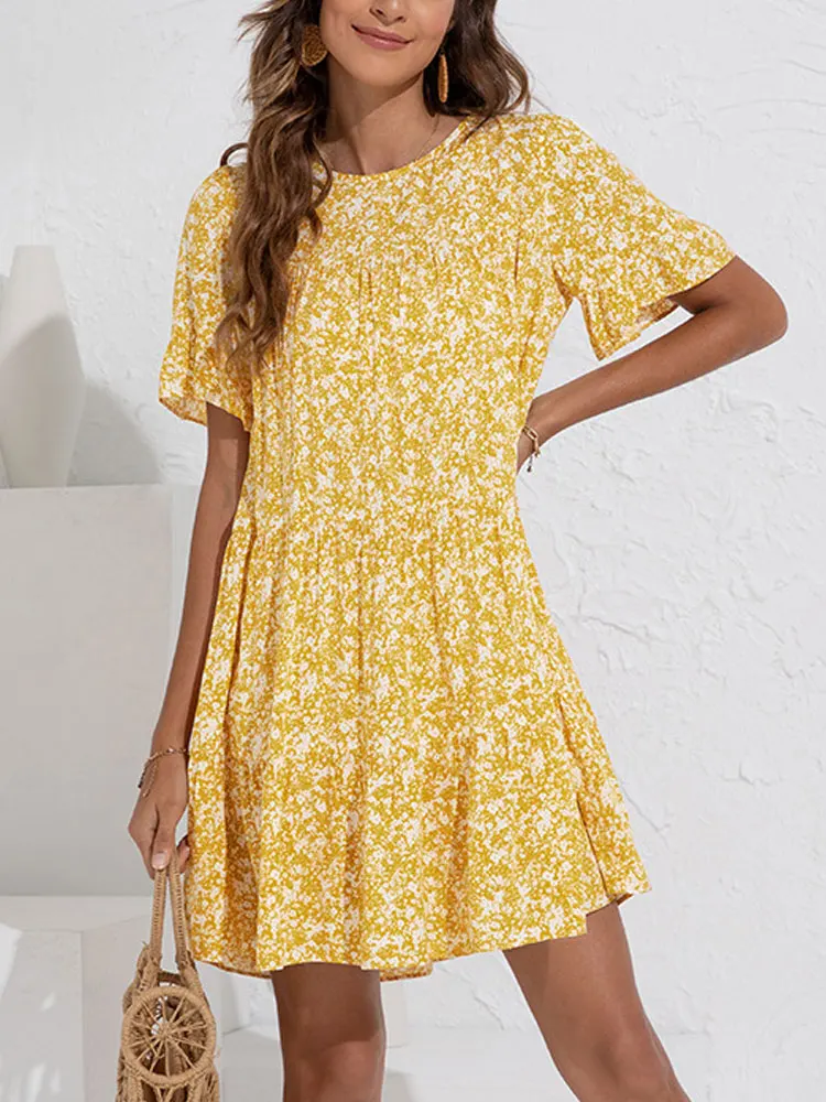 

Summer Loose Floral Dress Women Short Boho Party Dress Ladies O-neck Mini A Line Flower Dress For Women