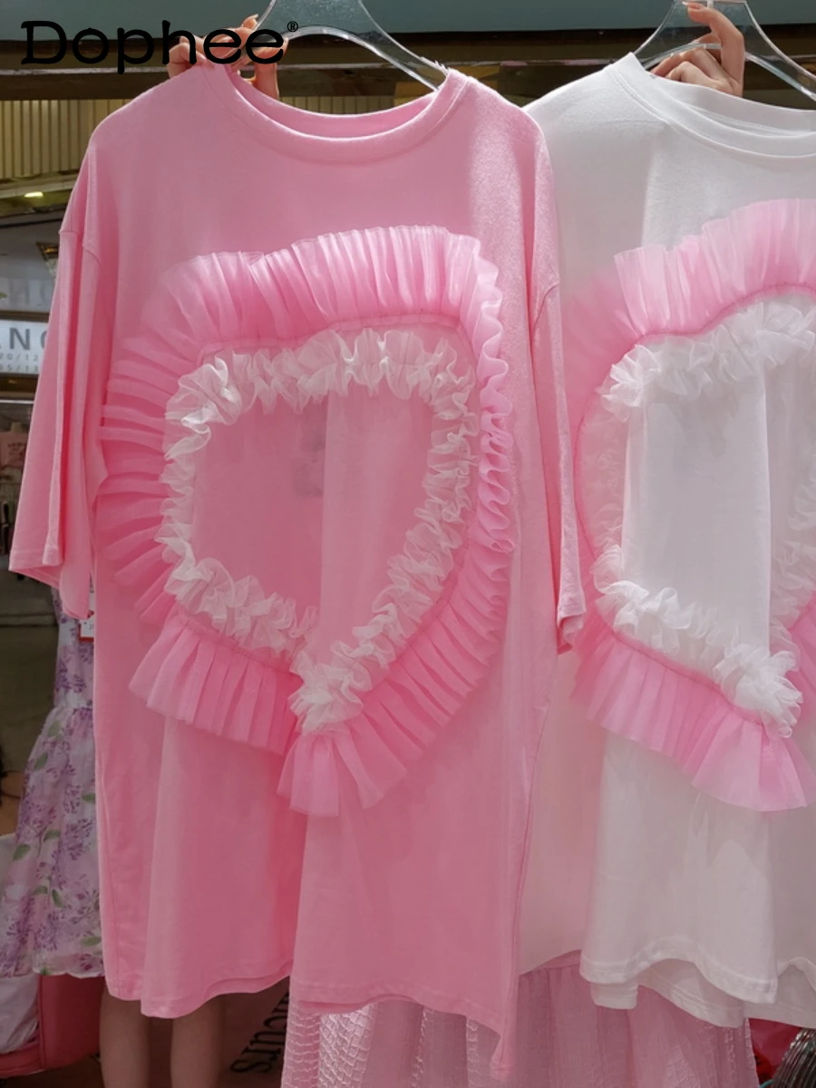 

Sweet Ruffled Pleated Three-Dimensional Love Mesh Mid-Length Pink T-shirt Loose Leisure Oversized Tshirt Top 2022 Summer Clothes