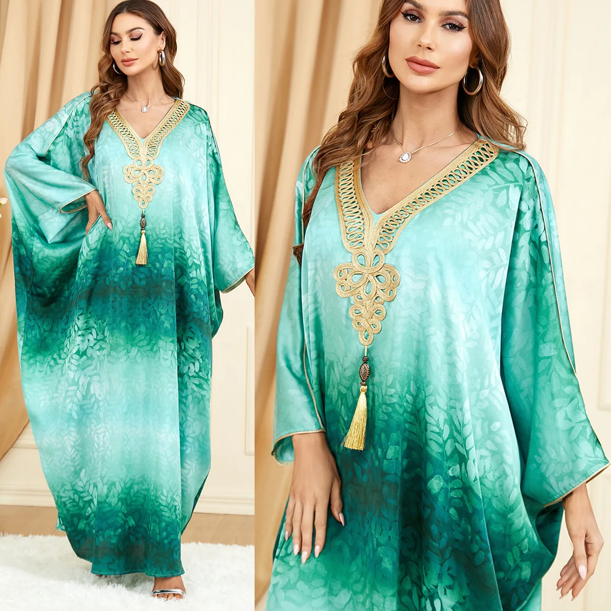 

Gulf Abayas For Women New Boho Retro Tie Dye Printed Maxi Dress Bat Sleeve Lace Tape V-Neck Kimono Arab Casual Loose Dresses