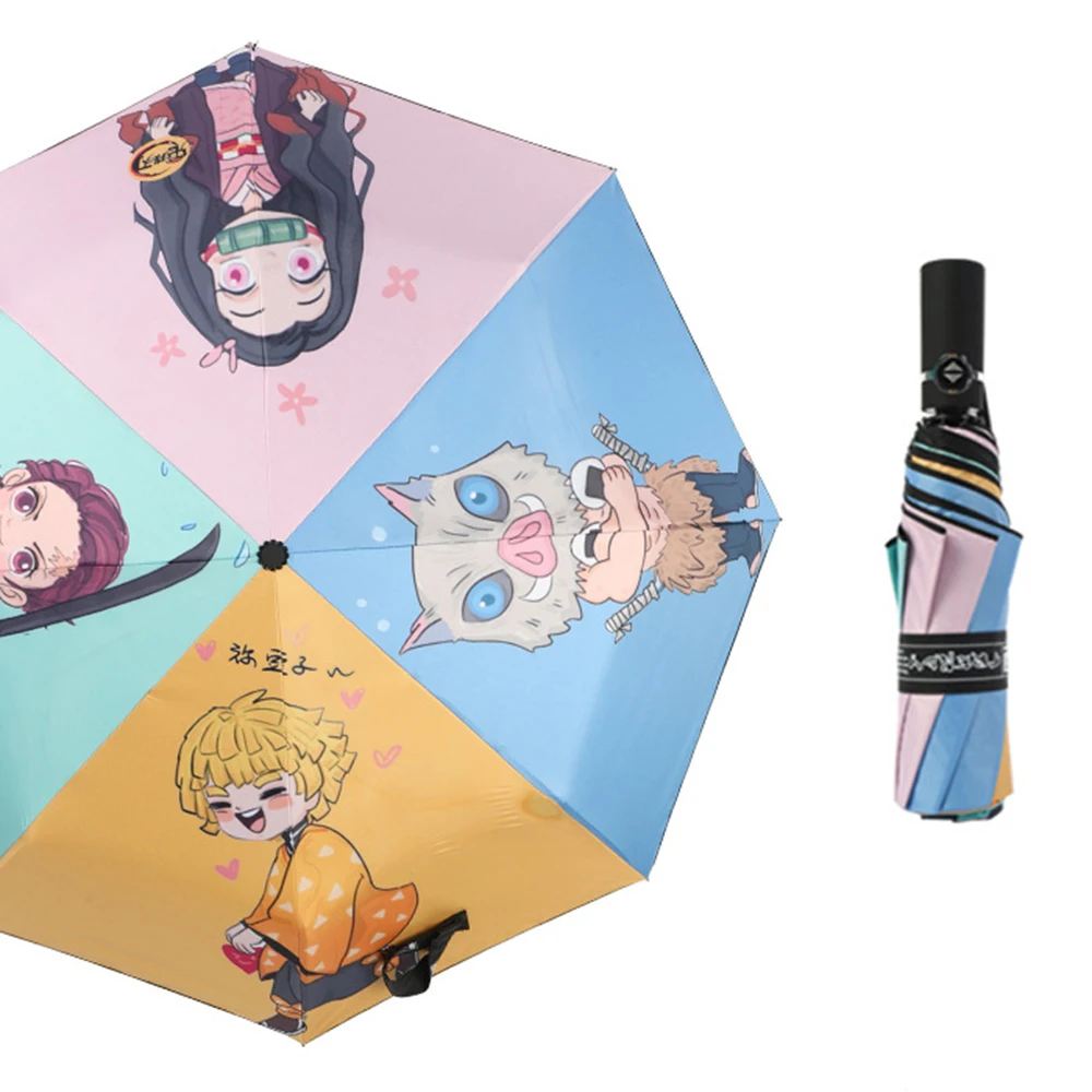 

Demon Slayer Automatic Umbrella Rain Kimetsu No Yaiba Kamado Tanjirou Folding Umbrellas Windproof Black Coating Anti UV Parasol