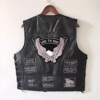 mens spring and autumn hot selling street sleeveless vest sheepskin motorcycle riding eagle embroidery badge side strap coat