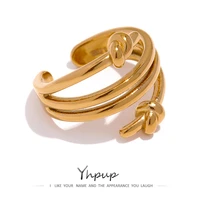 yhpup stainless steel tie geometric ring statement golden texture metal finger ring minimalist jewelry for women new gift