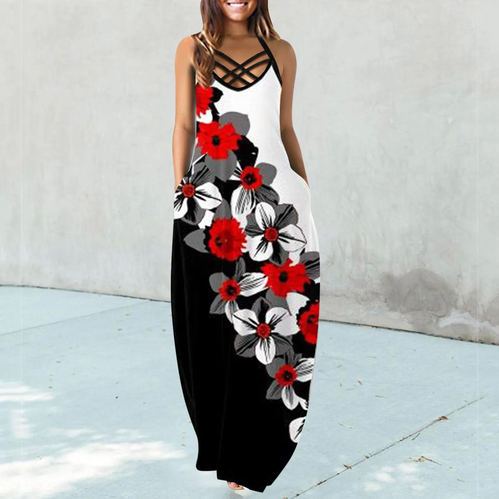

Женское длинное платье без рукавов, свободное пляжное платье с V-образным вырезом и цветочным принтом, лето 2020