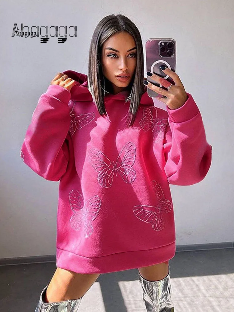 

Ahagaga Fashion Sexy Club Diamonds Hoodies Women Streetwear Regular Casual Loose Sweatshirts Blusas Pullovers Butterflies Female