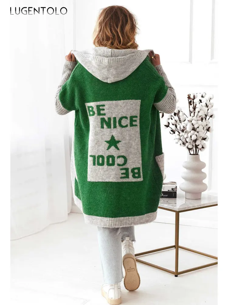 

Женский свободный вязаный свитер с капюшоном, мягкий кардиган с надписью на осень и зиму, женские модные повседневные длинные свитера для л...