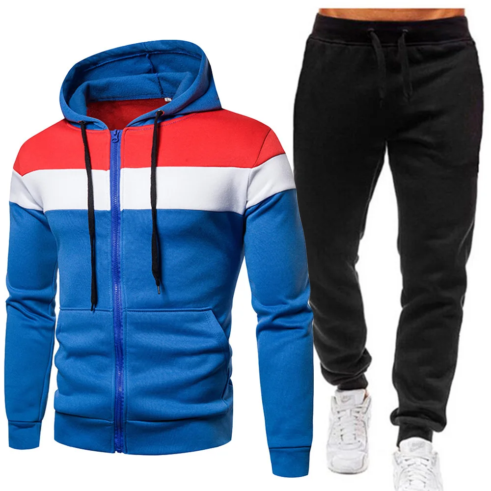 Autumn Winter Tracksuit Men Zipper Patchwork Hoodie Sweatshirt Sweatpant 2-piece Set Plush Leisure Sport Suit Outdoor Fashion