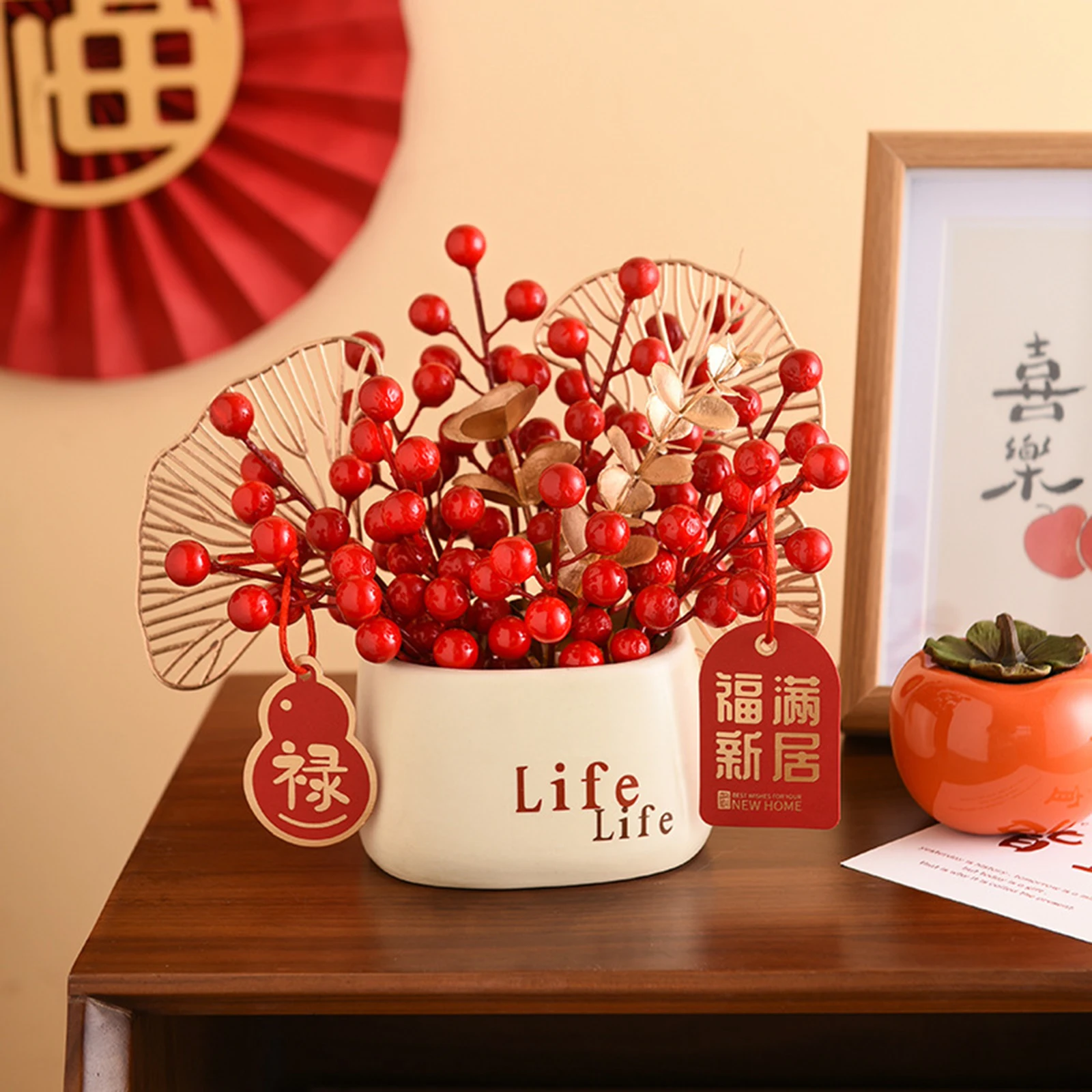 

Artificial Red Berries Branch Plastic Fake Flowers Vase Diy Christmas Wreath With New Year Banner Christmas Decoration