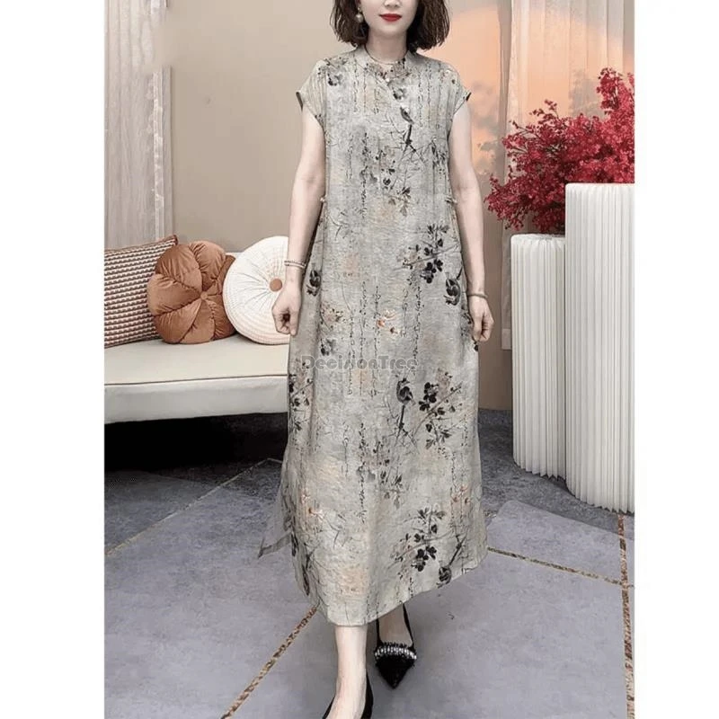 Женское платье-Ципао с цветочным принтом свободное повседневное длинное платье
