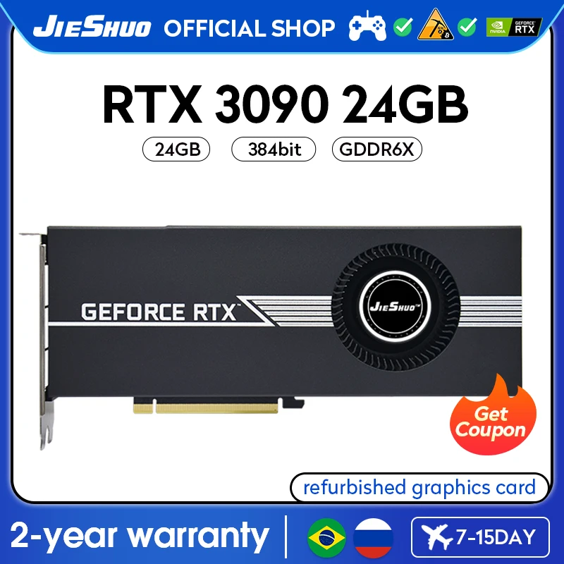 

Турбинная видеокарта JIESHUO RTX 3090 24G 384bit NVIDIA GDDR6X GUP Rtx3090 24 Гб, поддержка настольных компьютерных игр, офиса и т. д. 3090