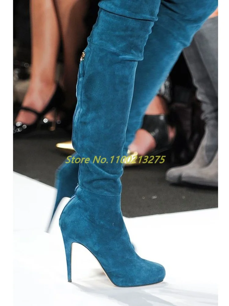 Blue Back Zipper Over The Knee Boots Stiletto High Heel Round Toe Suede Grey Winter Women Boots Platform 2022 Fashion Shoes