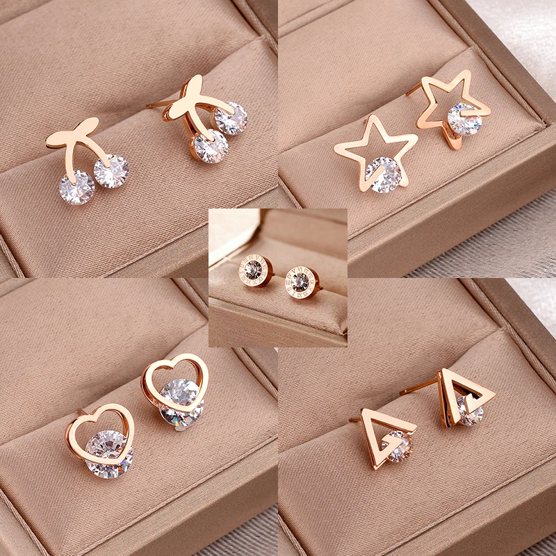 

Серьги-гвоздики женские универсальные из нержавеющей стали с кристаллами циркона