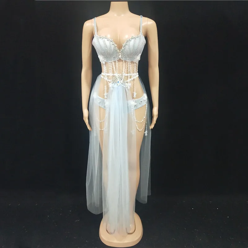 

Костюм для бара, ночного клуба, DJ Gogo, роскошное женское бикини с бисером, длинная юбка, наряд, сексуальная женская Танцевальная команда, женская одежда для сцены