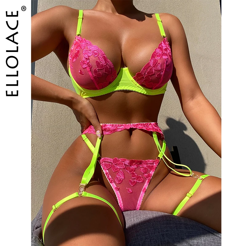 

Ellolace Lingerie 3 Pieces Sexy Embroidery Women's Underwear Pink Sensual Beautiful Thong Woman Whuta Lace Transparent Outfits
