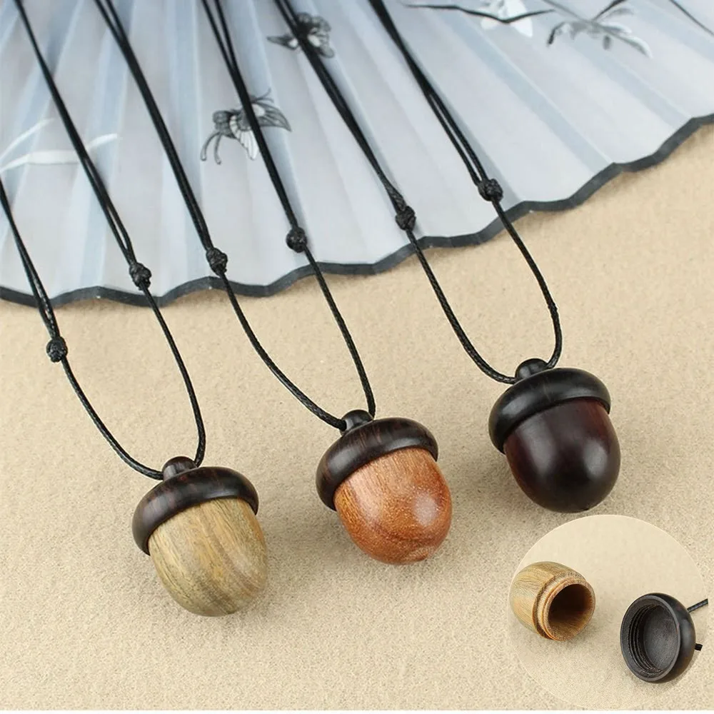 

Vintage Screwable Ebony Acorn Pendant Gawu Box Long Necklace Pine Cone Acorn Design Jewelry Artistic Wishing Bottle Ornaments