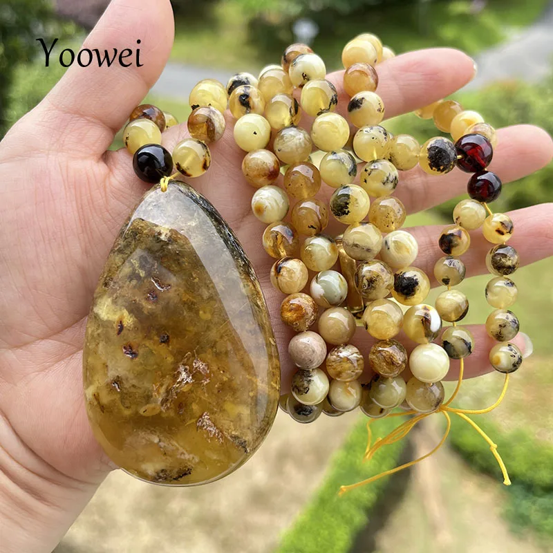 

83g Natural Amber Pendant Necklace Big Gift Teardrop 9mm Plant Bead Baltic Stone 108 Mala Tasbih Rosary Bracelet Scenery Jewelry