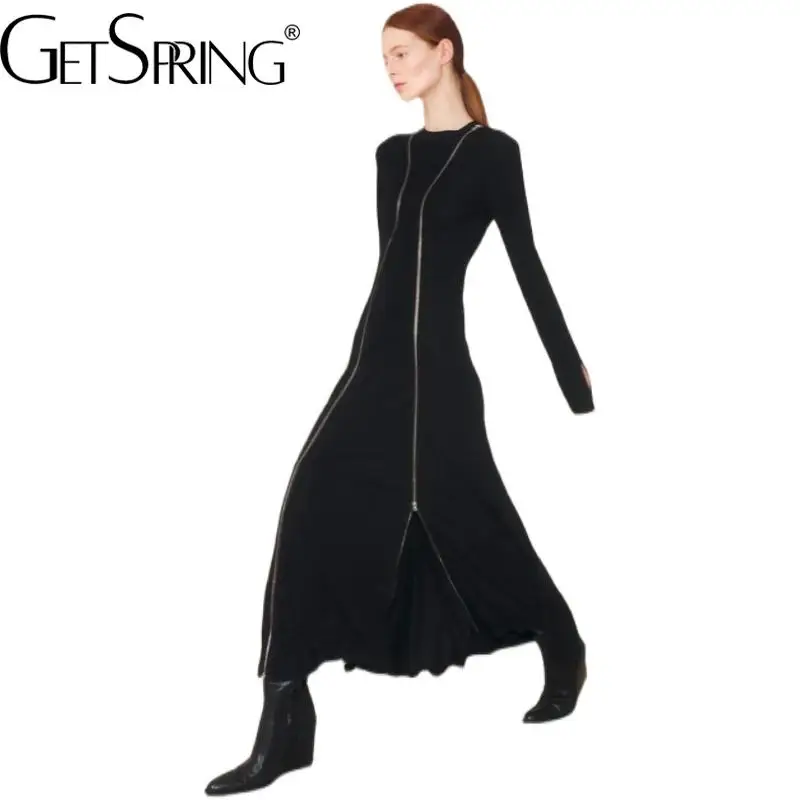 

GetSpring Women Dress 2022 Autumn Winter Temperament Round Neck Full Zipper Split Slim Thin Bottoming Long Dresses New Arrvial
