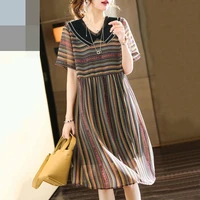 2022 summer new fashion korean slim retro color striped stitching dress women lace casual straight vintage dress