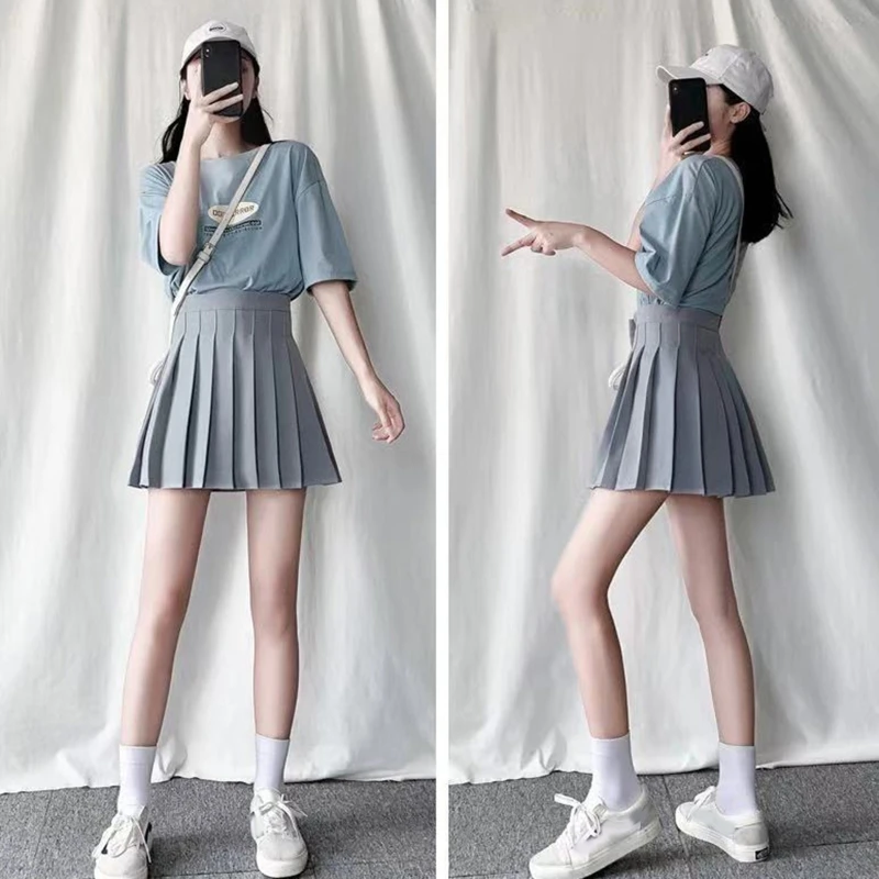 

Women Girl Preppy Style High Waist Solid Color Mini Skater Skirt Pleated A-Line Flared Hem Basic School Uniform Tennis with 10CE