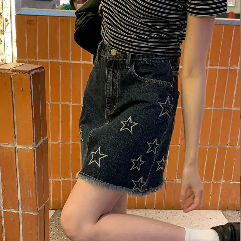 

2023 Faldas Mujer De Moda High Waist Vintage Denim Skirts For Women Japanese Casual Star Embroidery Summer Bodycon Mini Skirts