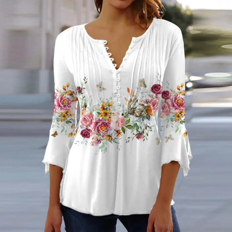 

V-neck Printed Button Waist Tops T-shirt Women Shirt Casual Loose Long-sleeved Shirt Elegant Printed Temperament Tops 2023 New