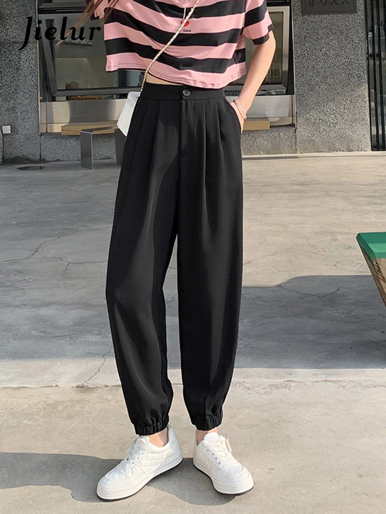 

Jielur Ice Silk Harem Pants Woman Bloomers Summer Thin High Waist Black Suit Pants Female High Street Blue Pink Black Pants S-XL